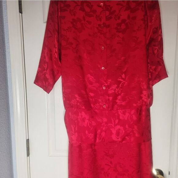 Vintage Silk Studio 10Red 100% SILK  3/4 SleeveTie Hips Buttons Back WomenDress - Picture 7 of 9